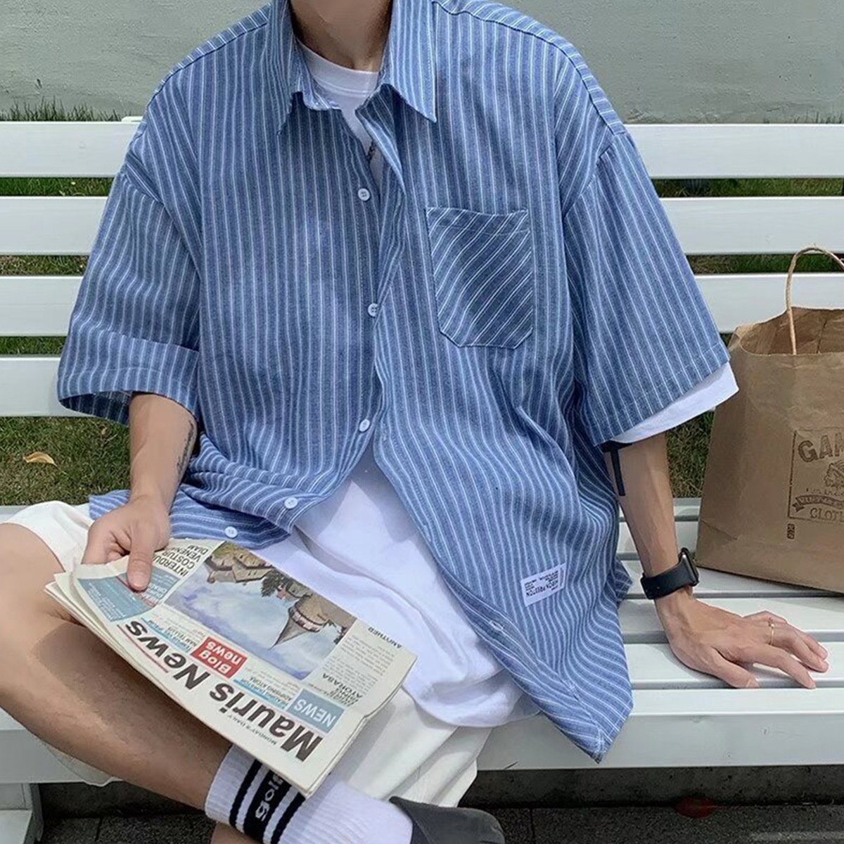 Summer Striped Short-sleeved Shirt Men's Japanese Style Loose Textured Half-sleeved Shirt Pocket Half-sleeved Trendy Cardigan Textured