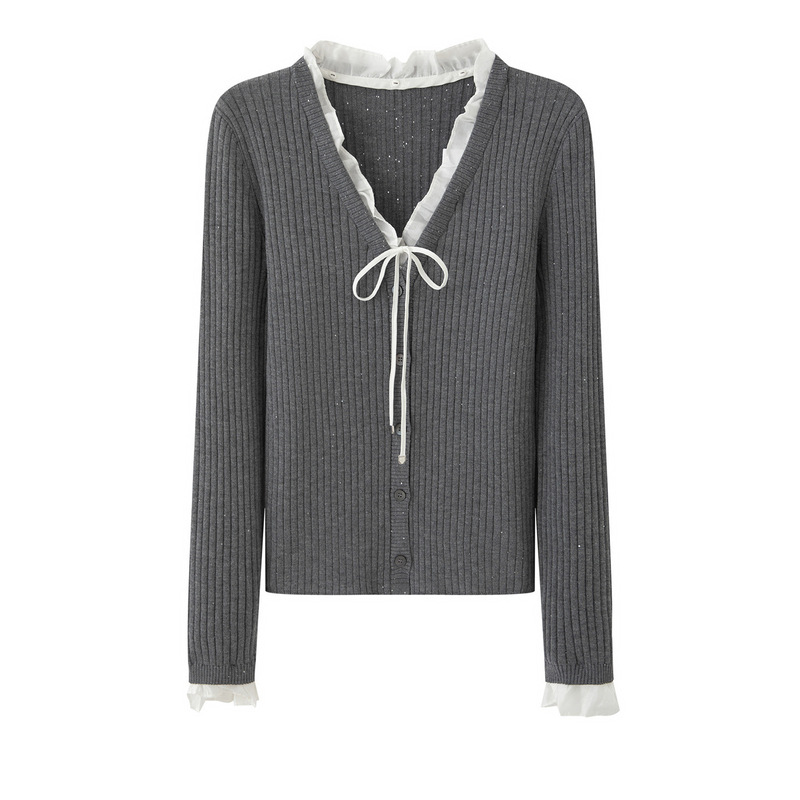 2026 Autumn New Lace Collar Tie-Up Patchwork Sequin Sweater Faux Two-Piece Knit Cardigan for Women A1EDG3503