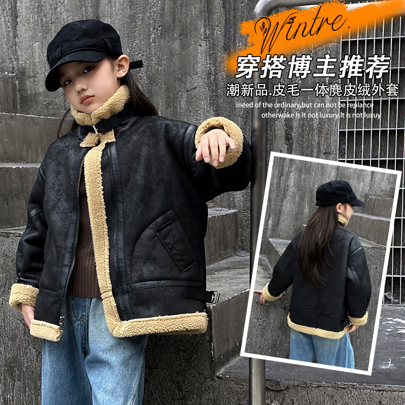 모피 원 LAMBSWOOL COAT 여성용 2024 가을 및 겨울 새로운 느슨한 레트로 바이커 코트 두꺼운 재킷 여성 코트