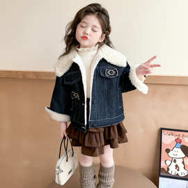 女童大翻领加厚牛仔外套2025秋季新款加绒保暖上衣时髦百搭外套潮