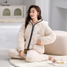 三层夹棉加绒睡衣女冬季珊瑚绒加厚可外穿家居服冬天棉袄保暖套装