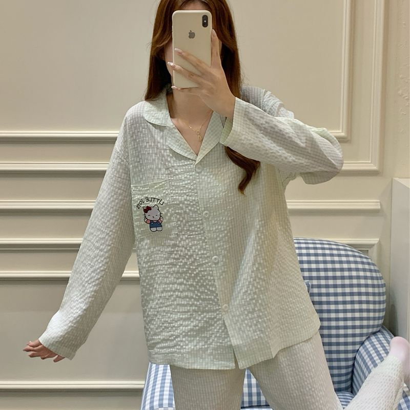 Transmisión en vivo transfronteriza primavera y otoño de manga larga tejida de algodón jacquard pijama de mujer KT gatos bonitos cardigans set