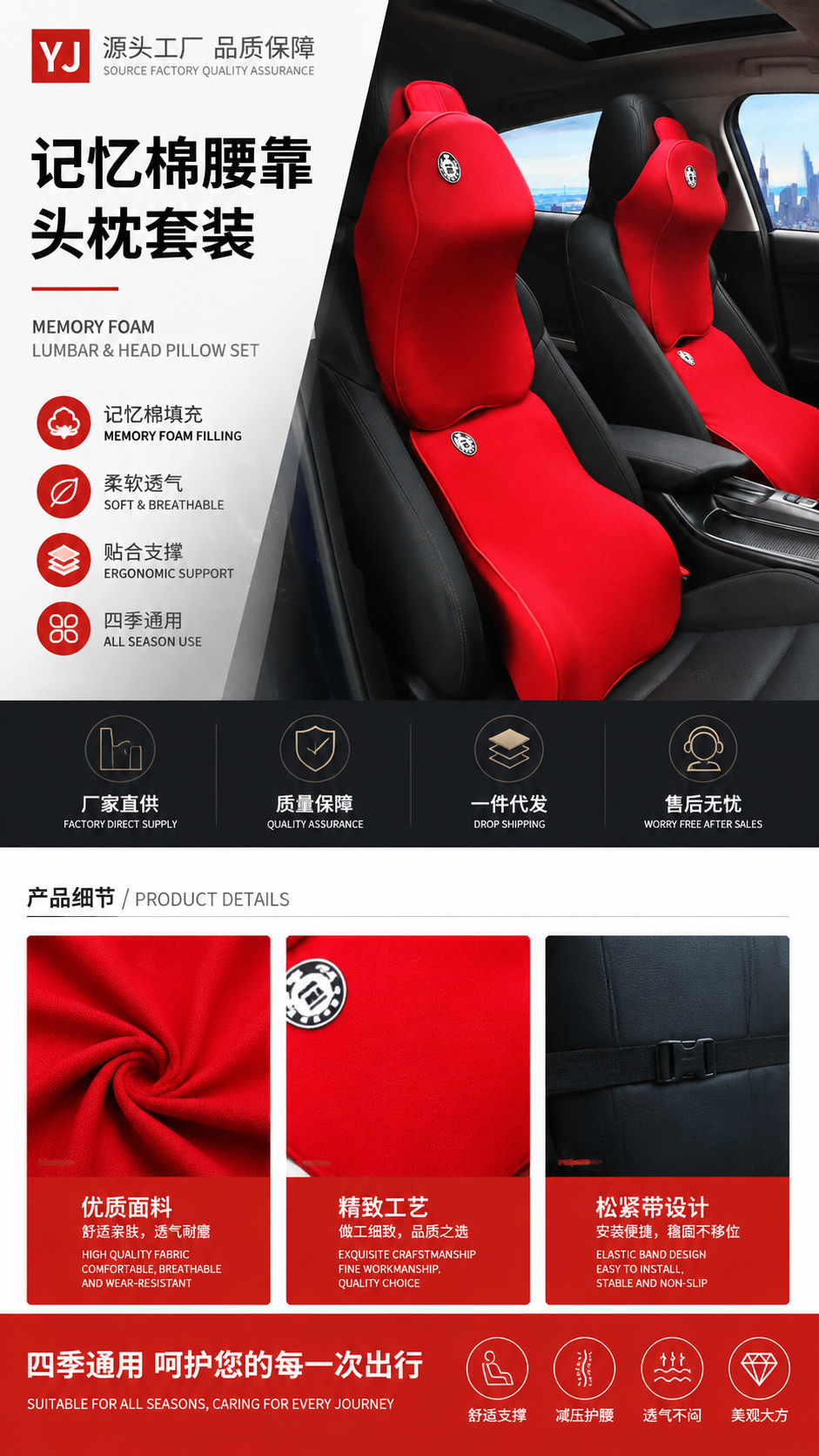 Yujun Car Memory Foam Big Neck Pillow Lumbar Pillow Car Headrest Lumbar Pillow Car Cushion Fabric Pillow Car Supplies