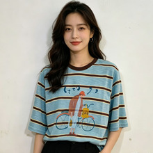 韩版条纹卡通人物印花圆领短袖针织衫女夏季新款宽松百搭减龄上衣