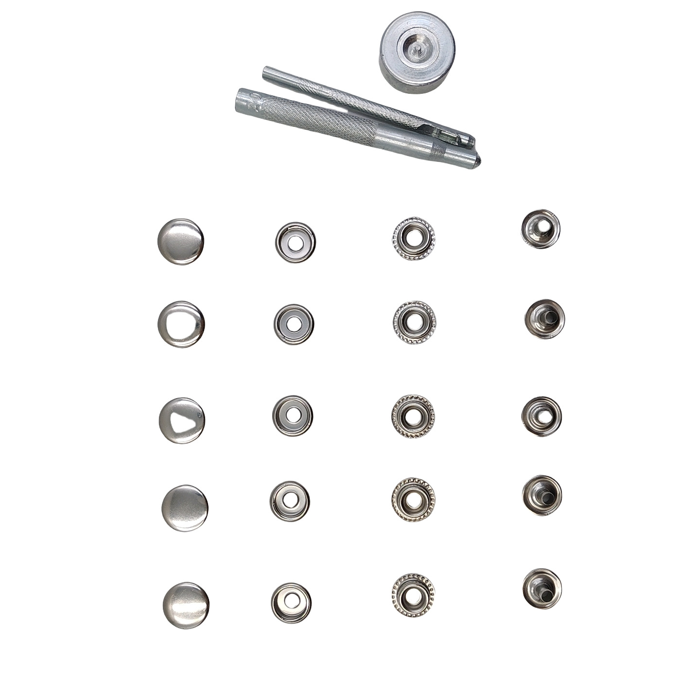 Inventario al por mayor de metal cuatro cierre conjunto de herramientas de instalación lona de tienda 201 botones de acero inoxidable botones blancos