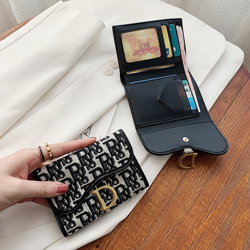 New Korean printed canvas short card holder coin purse women's compact folding buckle multi-card slot accordion card holder