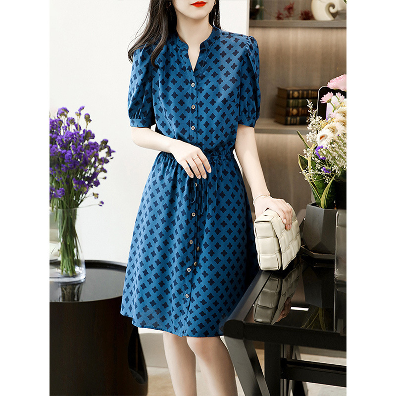High-End Silk Dress with Geometric Print, Heavyweight Mulberry Silk, 2026 New Women's Fashion, French-Style Mid-Length Dress for Summer High-End Silk Dress with Geometric Print, Heavyweight Mulberry Silk, 2026 New Women's Fashion, French-Style Mid-Length Dress for Summer