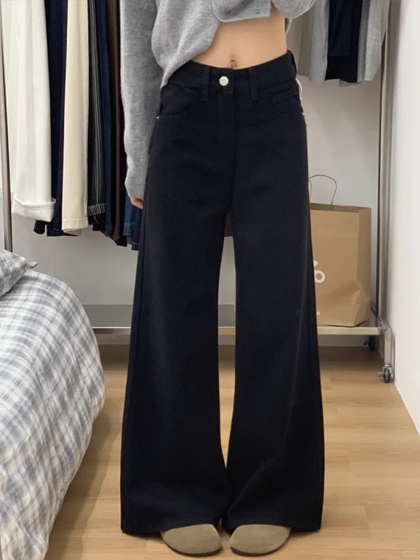 阔腿A版牛仔裤女大码黑色宽松不贴腿喇叭裤高腰显瘦梨形身材裤子|undefined