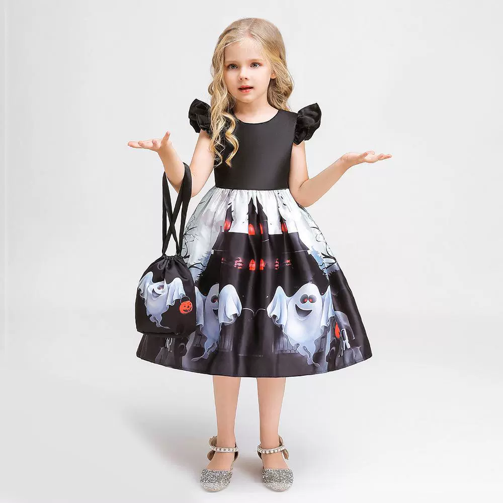 Европейские и американские хэллоуинские принты девушки платье платье платье маленькая летающая сумка с рукавами для вечеринок костюм призрак замок платье принцессы