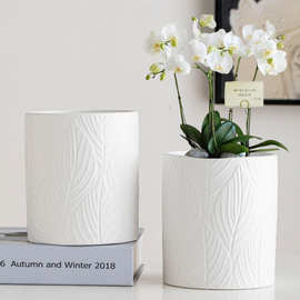 北欧风叶子纹直筒花盆陶瓷简约家用带图片吊兰蝴蝶兰多肉绿植花盆