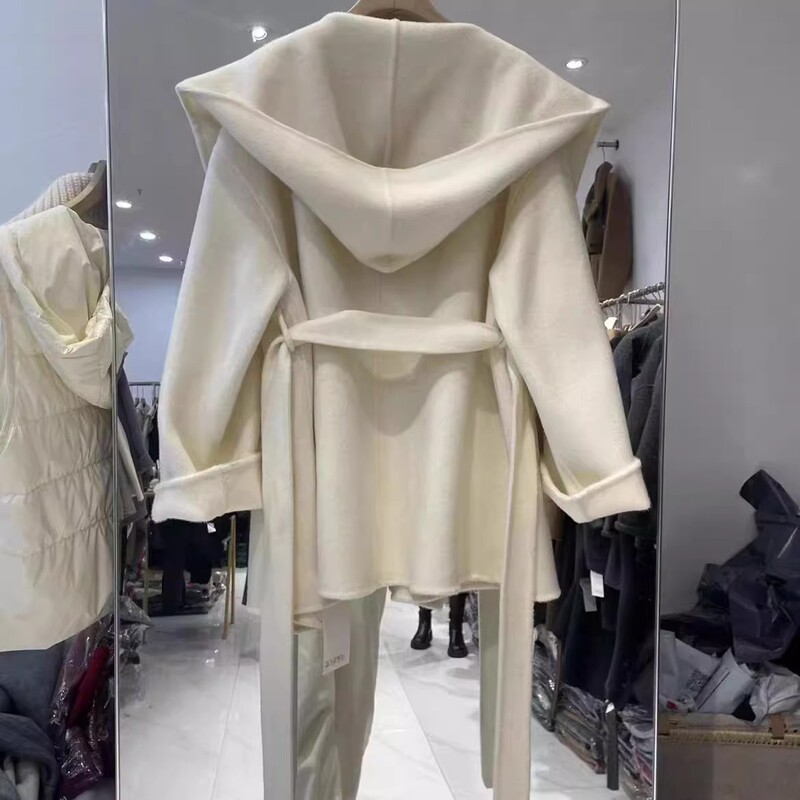 2025 K-Style of the New Cape Hooded Woolen Outwear Wool Double-Sided Woolen Cashmere Outwear Mid-Length for Small Women