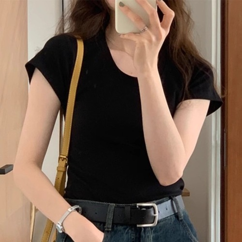 Summer short-sleeved T-shirt for women's front shoulder simple basic style water droplet u neck niche design slim and slim versatile top