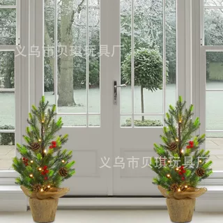 圣诞节仿真圣诞小木桩双层PE圣诞树带松果红果渐变色树枝裹麻布花