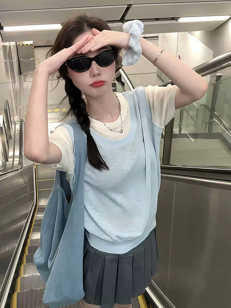 韩系蓝色圆领冰丝针织衫女夏薄款正肩短袖T恤罩衫拼接假两件上衣