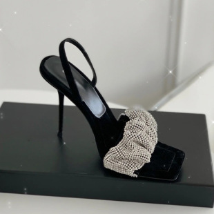 Large size women's shoes, rhinestone sandals, women's stiletto high heels, celebrity style open toe square toe stiletto slippers