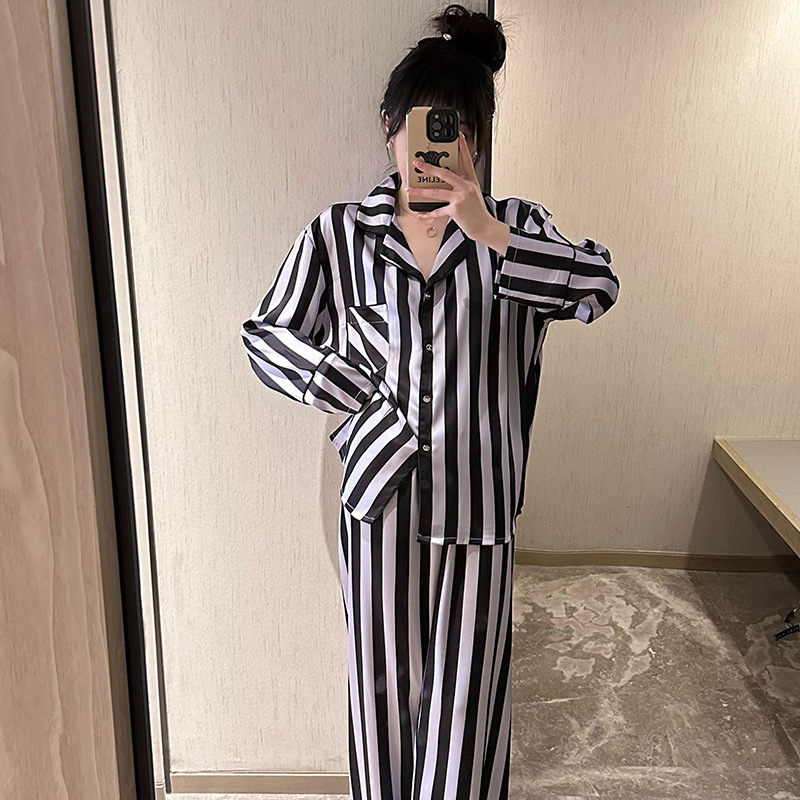 2024 [Urban Beauty] New Spring and Autumn Striped Japanese Style Women's Long Sleeve Loungewear Pajamas, Suitable for Outerwear