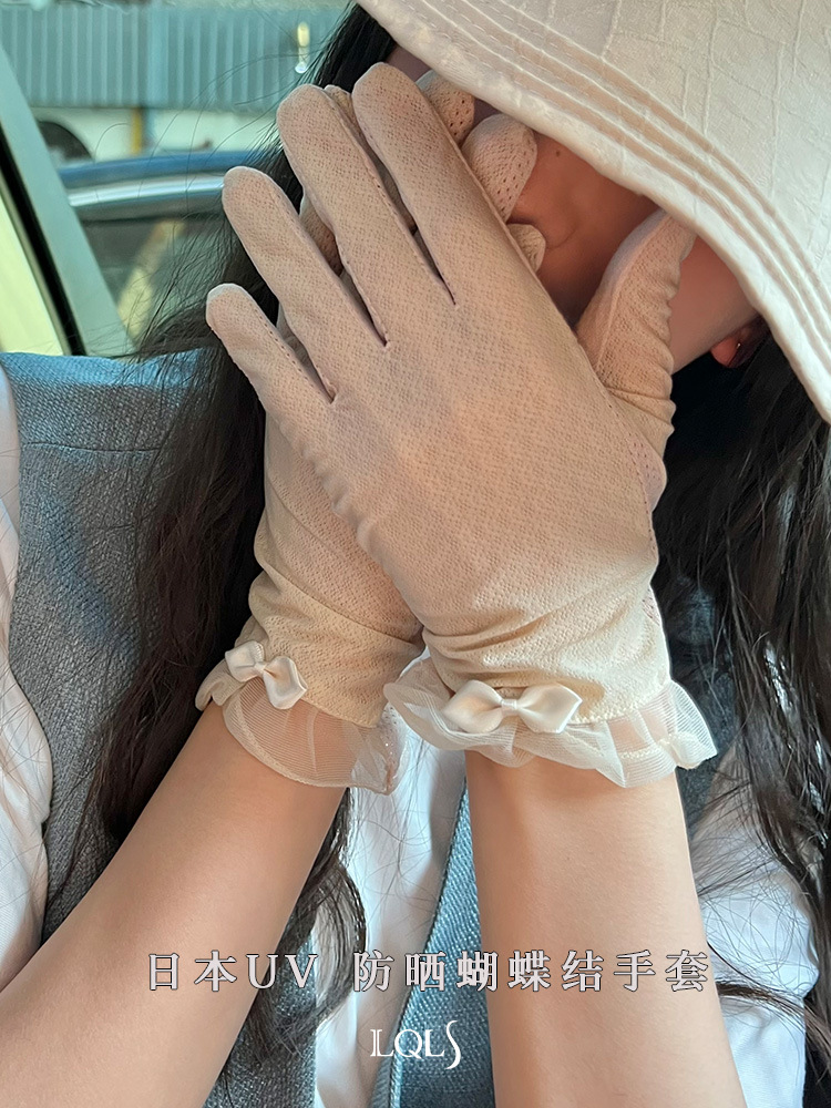 Cool sensation~ Gentle bow knot Japanese UV driving fingerless sunscreen gloves for women, summer thin breathable touch screen