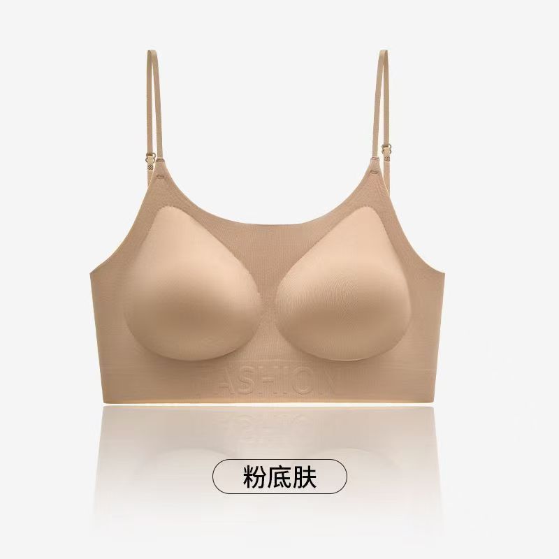 新しいスタイルのリキッドファンデーション目に見えないシームレスな下着女性用ノンワイヤーボタンクロス大きな胸拡張プッシュアップ固定カップブラジャー|undefined