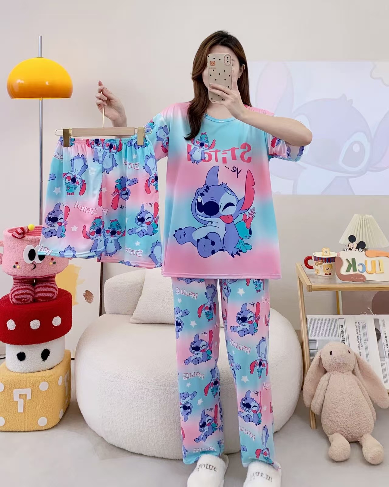Pijamas de verano transfronterizos pijamas de leche de seda de tres piezas set de dibujos animados comercio exterior ropa para el hogar pantalones de mangas cortas lindos