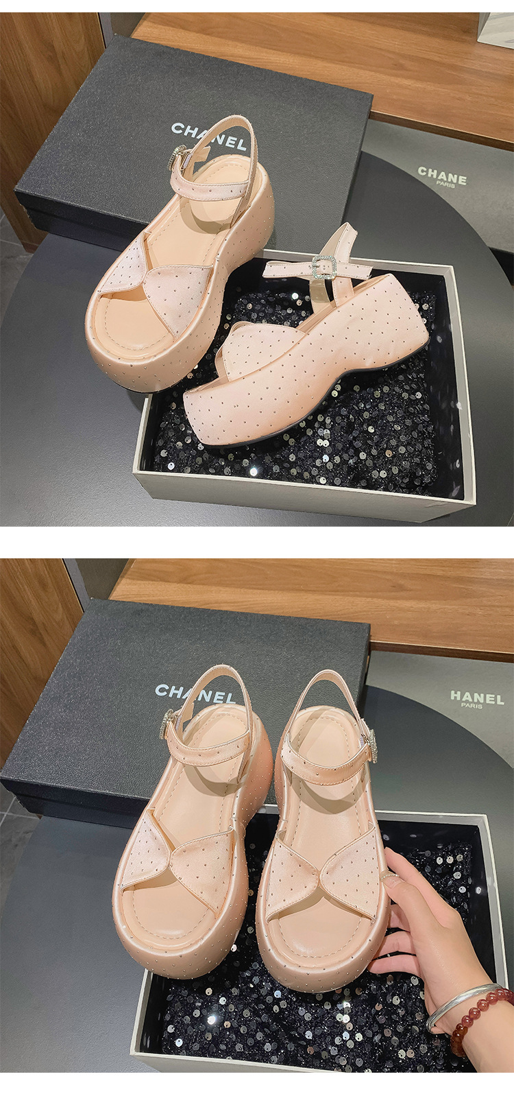 Sandal cao gót nữ đế dày hở mũi kiểu Pháp đính đá phong cách thơm nhỏ quai ngang La Mã gót nhọn — Màu đen, Màu trắng be, Màu mơ chi tiết 9