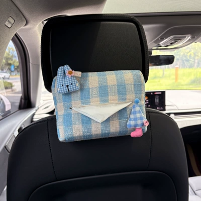 Hanging Paper Box Car Armrest | Car tissue box/set - blue-checkered-rabbit-head-blue-umbrella-plaid-paper-towel-blue