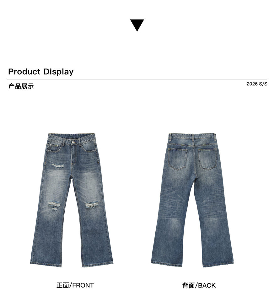 Quần jean nam ống loe nhẹ rách gối phong cách retro, dáng rộng ống suông tôn dáng, quần dài casual — Xanh nhạt, Xanh đậm chi tiết 4