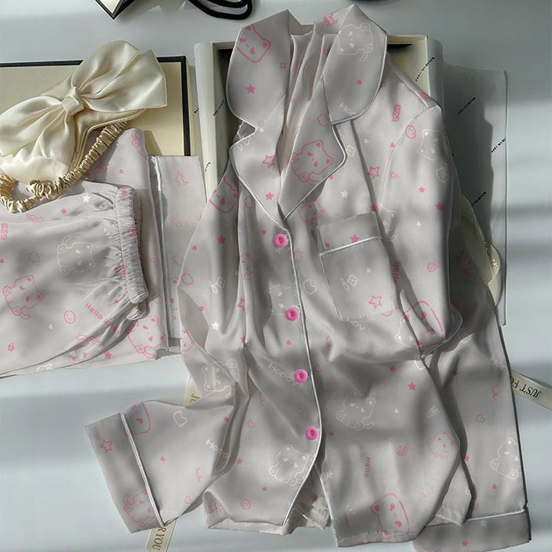 Soft Cute Cat Print Girl Pajamas Long-Sleeved Trousers Ice Silk Suit Summer High-Looking Thin Home Clothes for Outer Wear Soft Cute Cat Print Girl Pajamas Long-Sleeved Trousers Ice Silk Suit Summer High-Looking Thin Home Clothes for Outer Wear