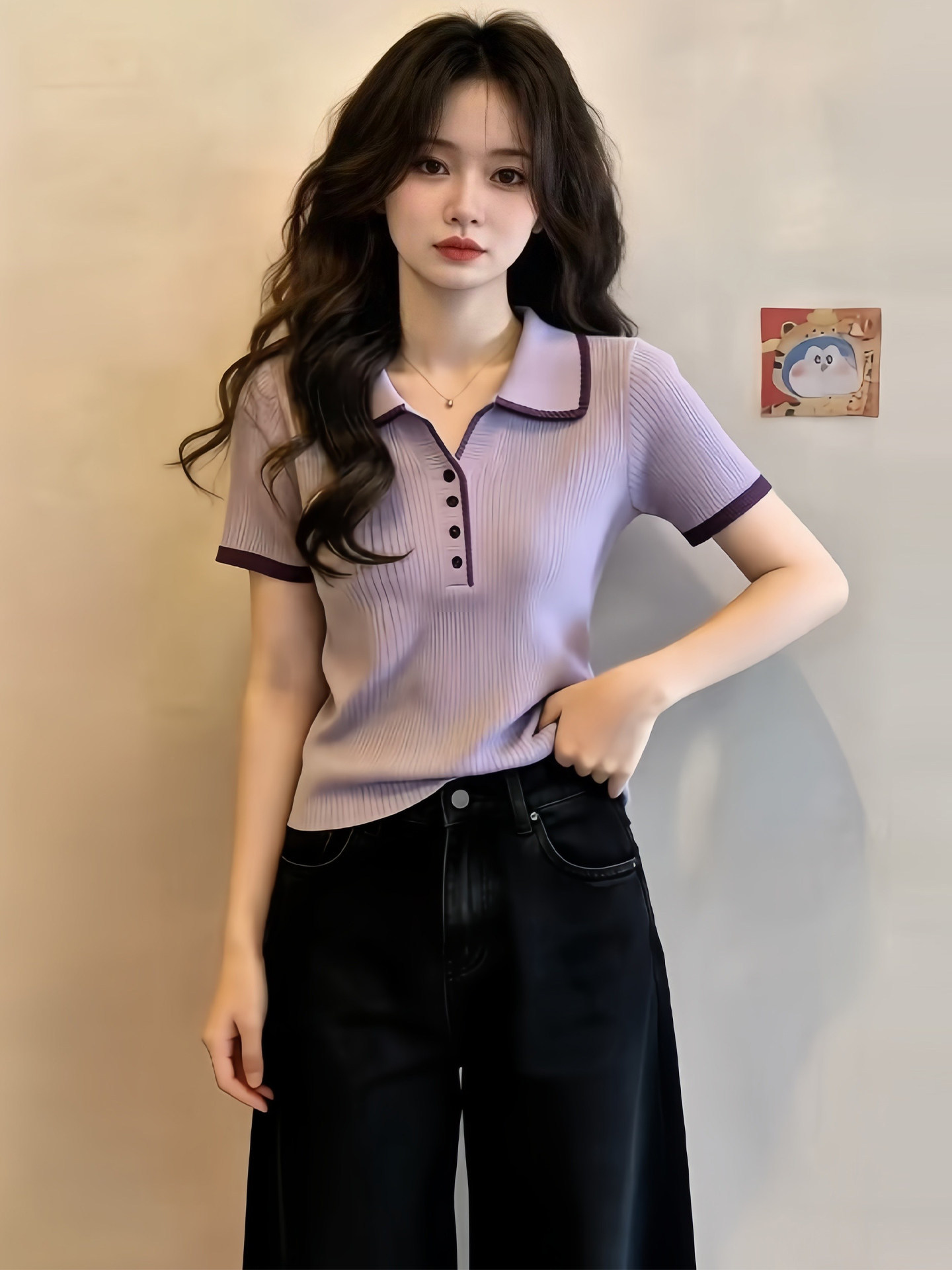 Áo thun polo nữ tay ngắn dệt kim phối màu vai thon gọn — màu tím