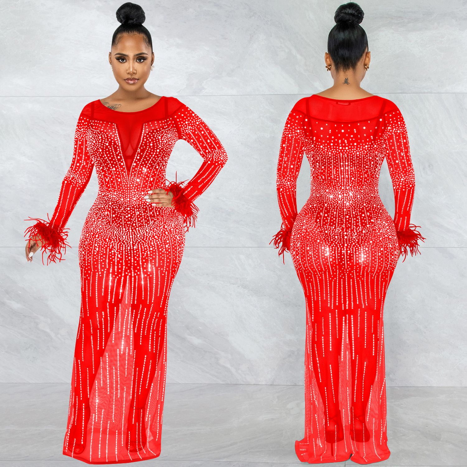 X5605 AliExpress deseo de moda discoteca fiesta perforación caliente malla ver-a través de manga larga vestido de las mujeres image 4
