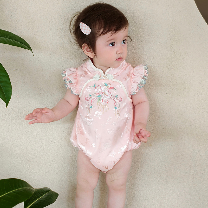 夏の漢服子供用ジャンプスーツベビー新中国風の1歳のドレス女の子のチャイナドレスベビーハイハイスーツ|undefined