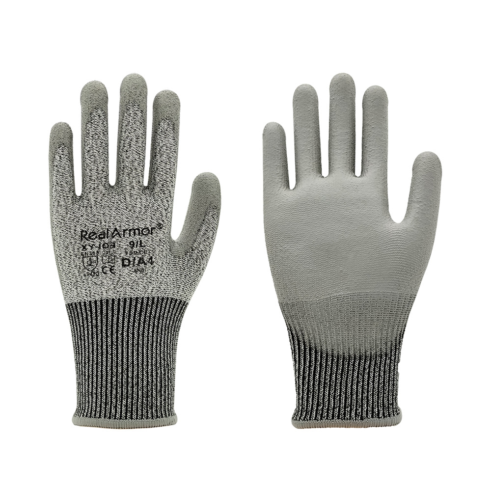 Guantes de protección con certificación CE EN388, resistentes a cortes de nivel 5, material HPPE con recubrimiento de PU, resistentes al desgaste, antideslizantes, nivel D de resistencia a cortes.