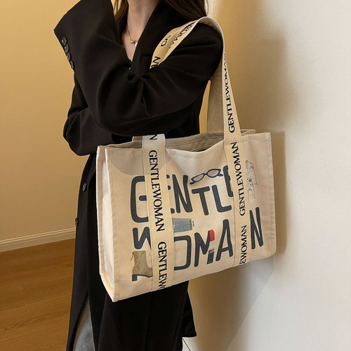 Colorful Letter Print Canvas Shoulder Bag Women Large Capacity Tote Bag Hand-held Shopping Bag Mommy Bag Cross-border