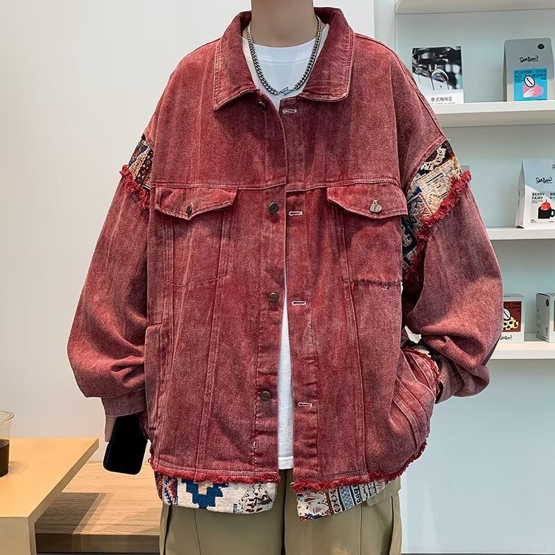 Fashion Washed Stitching Denim Jacket Men's and Women's Hong Kong Style Spring and Autumn Design Sense Red Distinctive Roughed Overwear Jacket