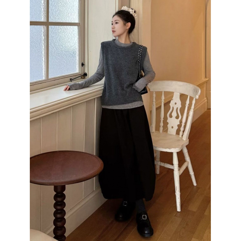 A Complete Set of Elegant Ootd Outfits, Retro Round Neck Knitted Vests, T-Shirts and Skirts, Spring & Fall Women's Clothing