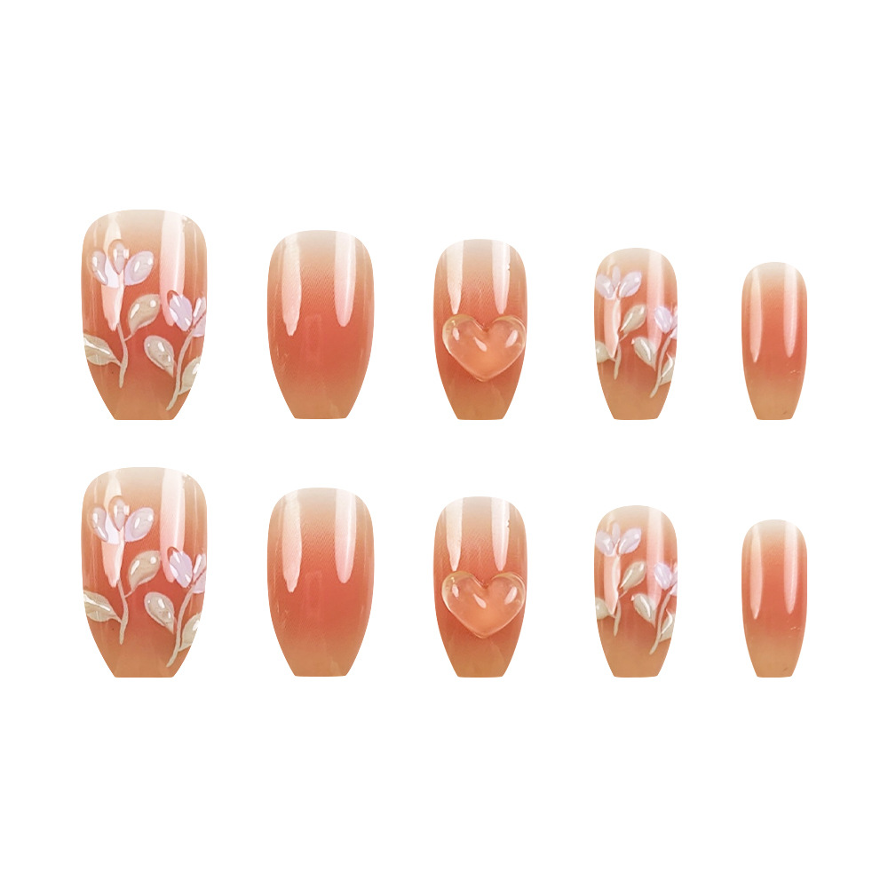 Relieve 3D estereoscópio flor de amor manicura suave naranja transparente gradiente de desgaste de uñas 24 piezas de parche de uñas