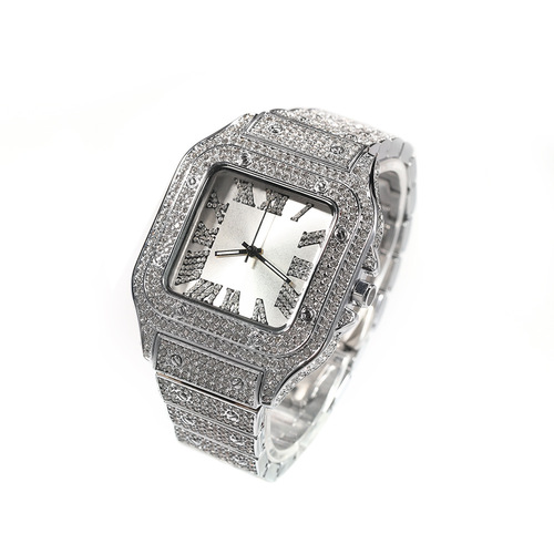 European and American hip-hop Roman scale quartz watch, fashionable full diamond square dial men's watch cross-border supply