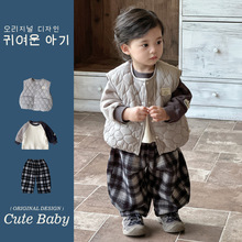 韩国童装婴幼儿童深秋三件套初冬绗棉马甲卫衣格子裤子男宝宝套装