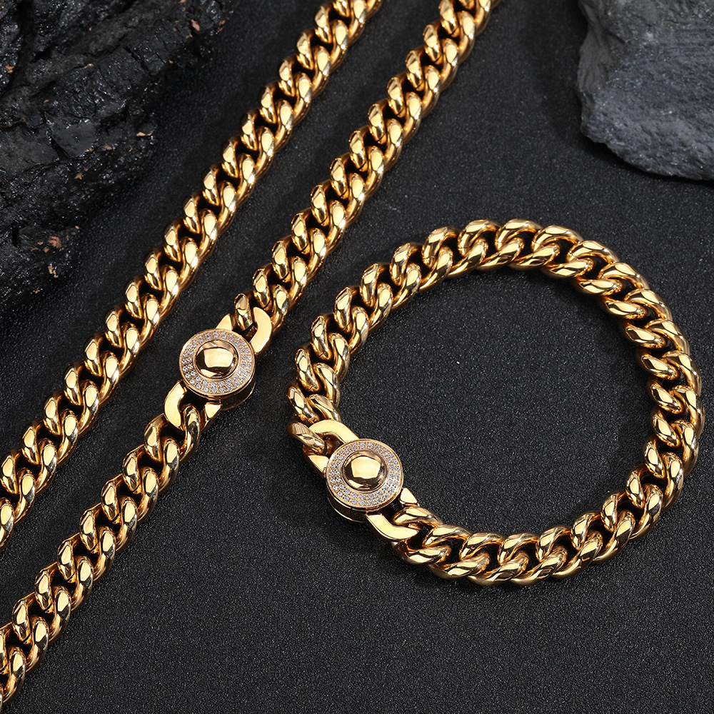 European And American Trend Stless Steel 10mm Necklace CNC Inlaid Diamond Buckle Trendy Men's Round Polished Cuban_voghion.com