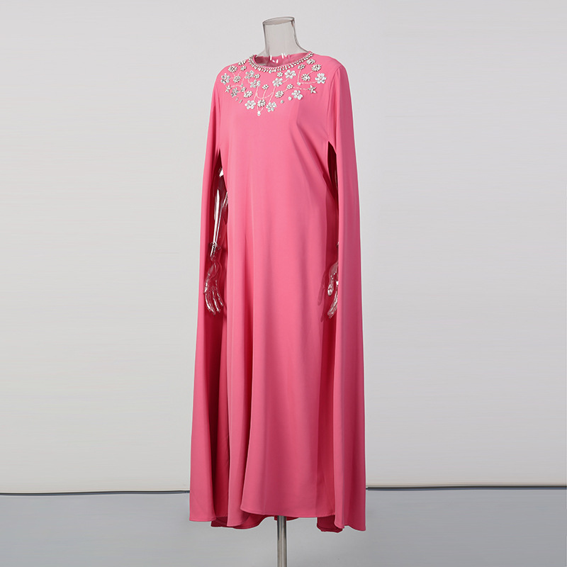 Elegant French-Style Cape Dress With Rhinestone Details - Flowy Batwing Sleeve Maxi Dress For Women, Soft Pink Pure Color Stretch_ecoleips.com