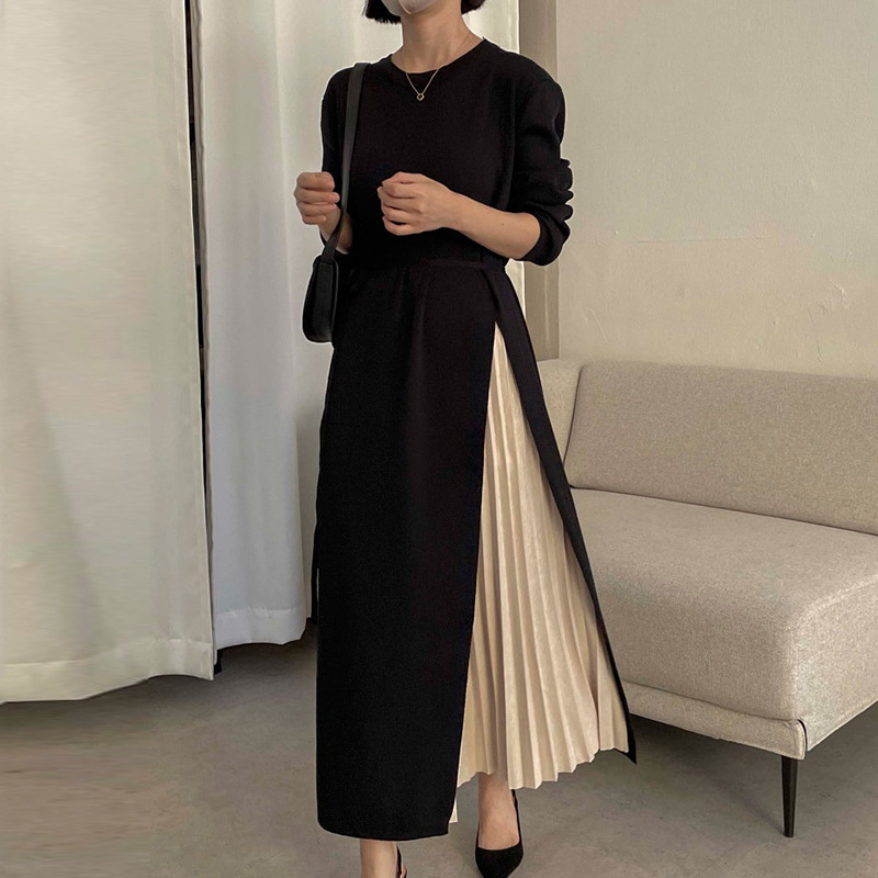 Korean French Elegant Round Neck Splicing Pleated Knitted Fake Two-Piece Lace-Up Waist Mid-Length Dress for Women Korean French Elegant Round Neck Splicing Pleated Knitted Fake Two-Piece Lace-Up Waist Mid-Length Dress for Women