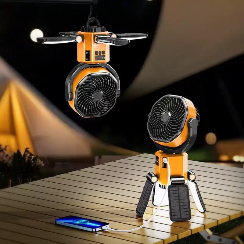 キャンプソーラーシーリングファン、ライト付き、小型屋外吊り下げファン、首振り可能、サイレント、ポータブル、充電式、長いバッテリー寿命|undefined