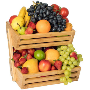 Source Factory Bamboo Fruit Storage Basket, Two-Layer Storage Basket for Bread, Vegetables, and Fruits, Eco-Friendly Pastoral Style