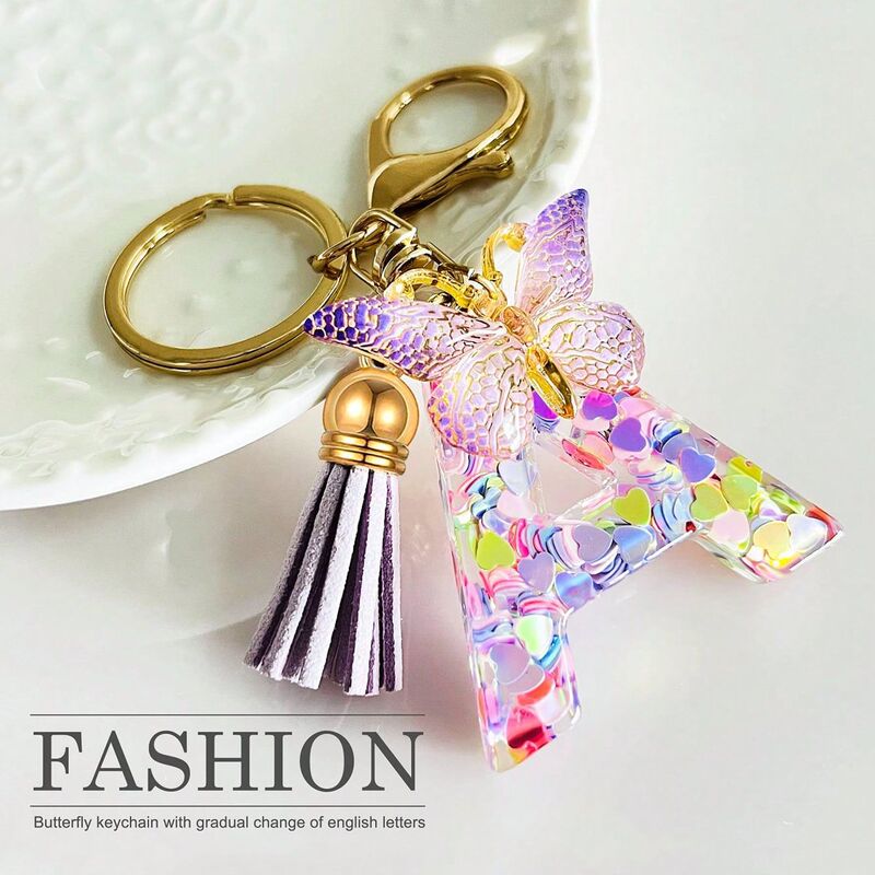 Cross Border 26 Letters Ladies Keychain Tassel Butterfly Purple Love Car Keychain Wallet Back