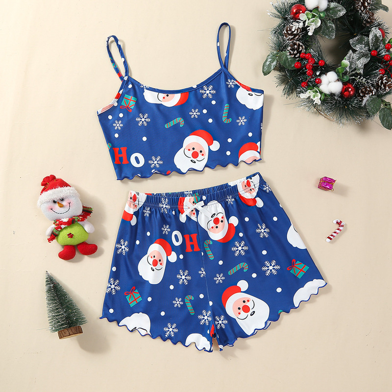 クリスマスの欧米風の新しい薄いパジャマの女性の袖なしの半ズボンの牛乳の糸のシンプルなカジュアルな2つのセットの部屋の服|undefined