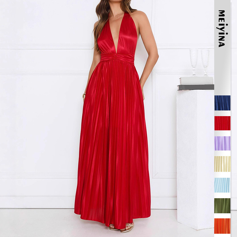 2026 European and American Cross-Border New One-Shoulder Pleated Long Skirt, Slanted Collar Waist Dress, Elegant Pure Color Dress 2026 European and American Cross-Border New One-Shoulder Pleated Long Skirt, Slanted Collar Waist Dress, Elegant Pure Color Dress