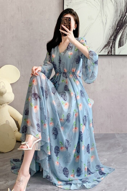2023 New Women's Fashion Summer Chiffon Sanya Vacation Beach Ankle-Length Super Long Dress, Super Fairy-Like 2023 New Women's Fashion Summer Chiffon Sanya Vacation Beach Ankle-Length Super Long Dress, Super Fairy-Like