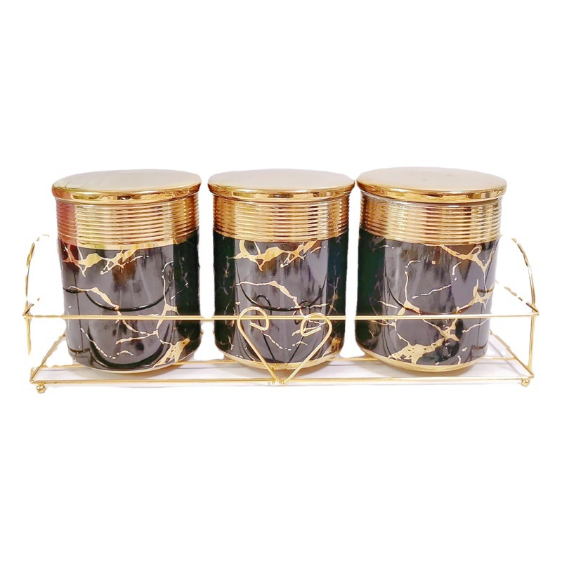 Luz galvanoplastia de lujo sellado tarro de cerámica chapado en oro condimento tarro cocina almacenamiento tarro condimento botella café tarro traje