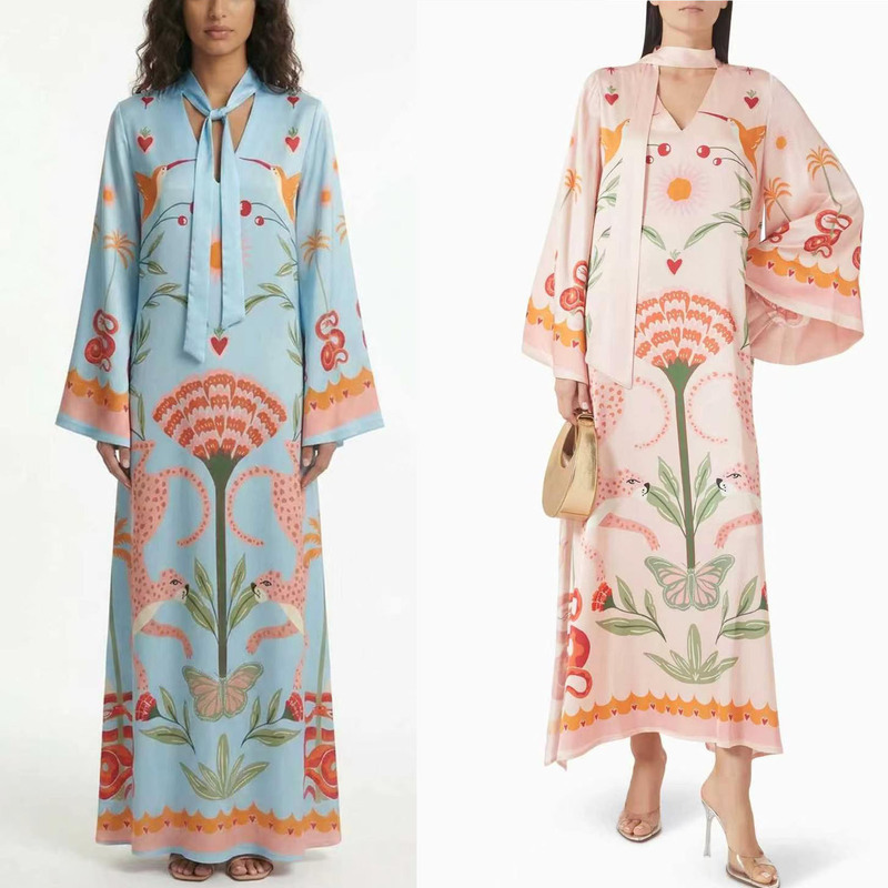 Cross-Border 2026 European and American Spring/Summer New Satin Positioning Print Dress Ins Loose Long-Sleeve Dress with Ribbons