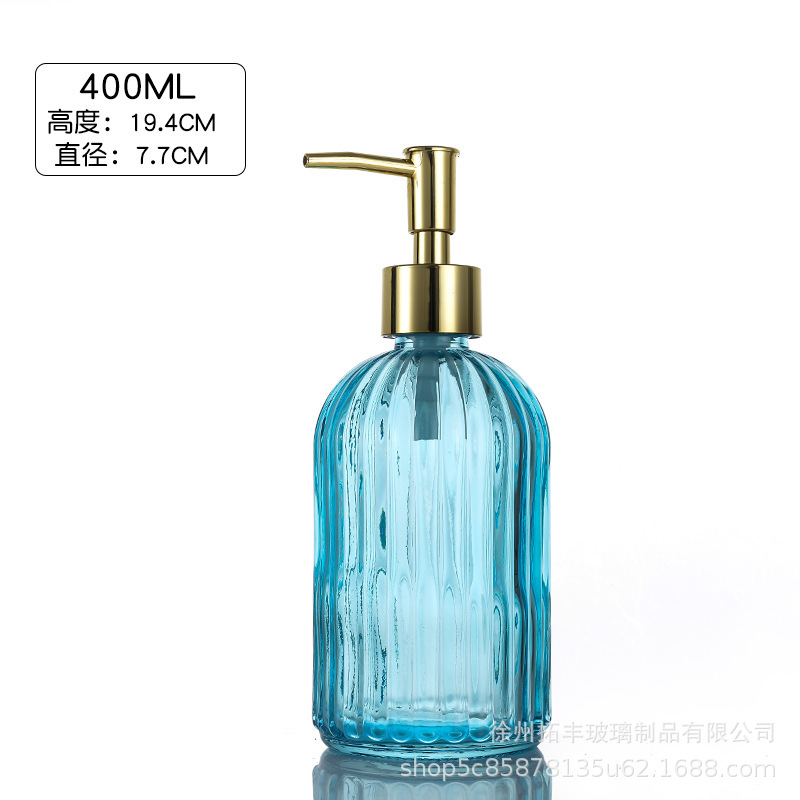 400ML; botella azul claro + cabeza de bomba dorada; vidrio