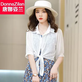 防晒衣夏季空调衫配裙小披肩女2023宽松外搭开衫海边纯色雪纺衬衫